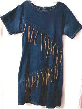Starwear Jeans Denim Dress Size Medium Fringe Leather Accents Vintage READ